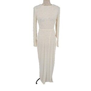 OH POLLY White Long Sheath Dress Pearls Beads Deep V Back SZ 10